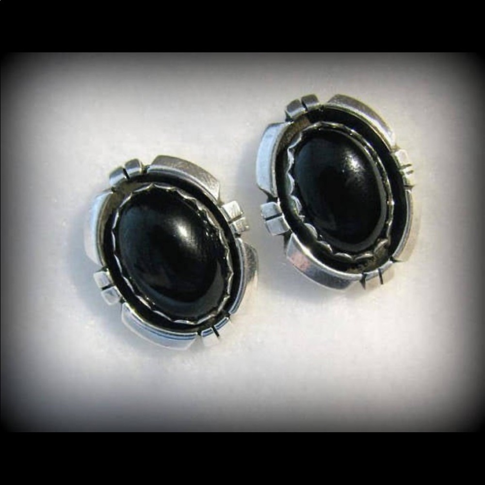 Vintage ELLA COWBOY NAVAJO overlay sterling silver black onyx earrings